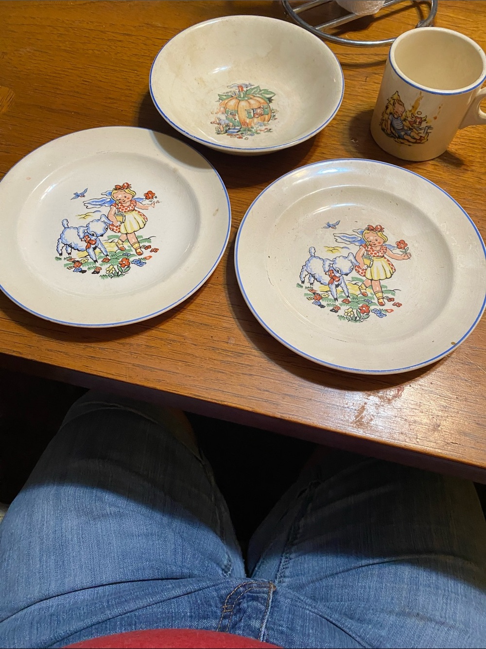 Homer Laughlin Cream and Blue Children's Dinnerware Set with Storybook Motifs